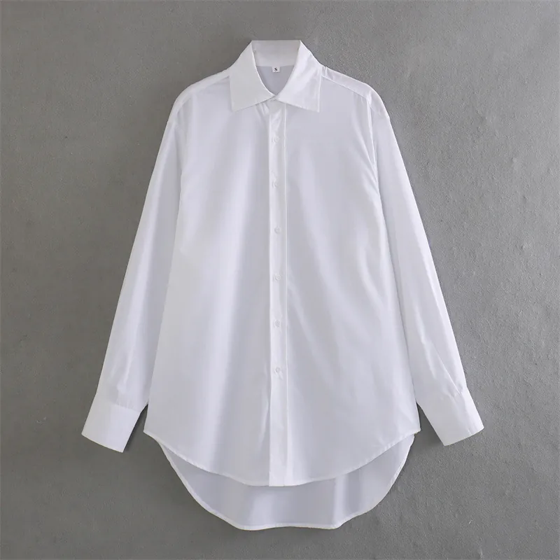 Chemisier Femme Blanc Décontracté à Revers Manches Longues Boutonné Avec Ourlet Haut-Bas Minimaliste Uni Haut en Polyester Coton