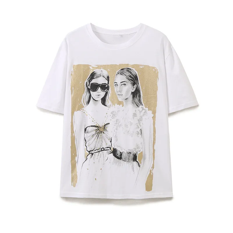 Maglietta da Donna Casual in Misto Cotone Girocollo Manica Corta con Stampa Artistica di Ritratti Top alla Moda Bianco