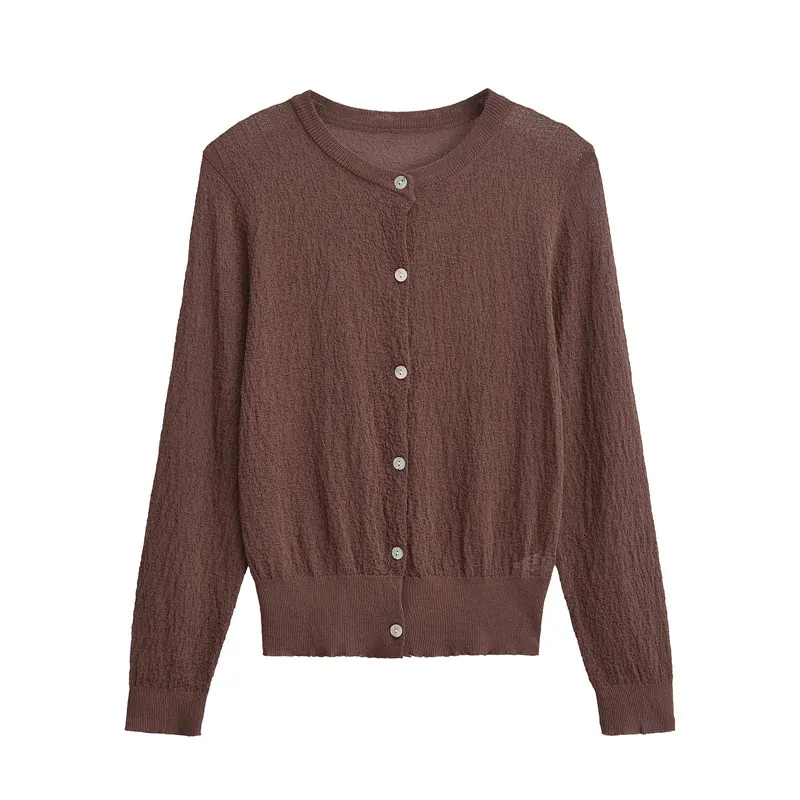 Women's Textured Knit Cardigan Solid Color Round Neck Single Breasted Long Sleeve Slim Fit Short Sweater Coat