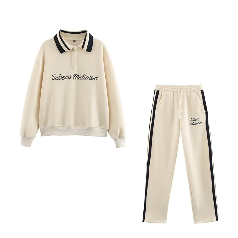 Damen Polyester Polo-Kragen Sweatshirt Und Jogginghose Oberteil Und Unterteil Retro-Buchstaben Bestickt Lässiger Sportlicher Trainingsanzug