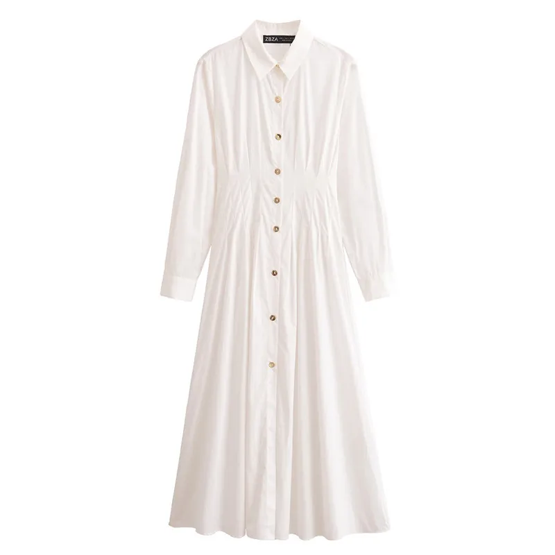 Abito a Camicia da Donna a Maniche Lunghe Collo a Punta Monopetto Vita a Pieghe Linea a A Abito Midi Bianco Ufficio