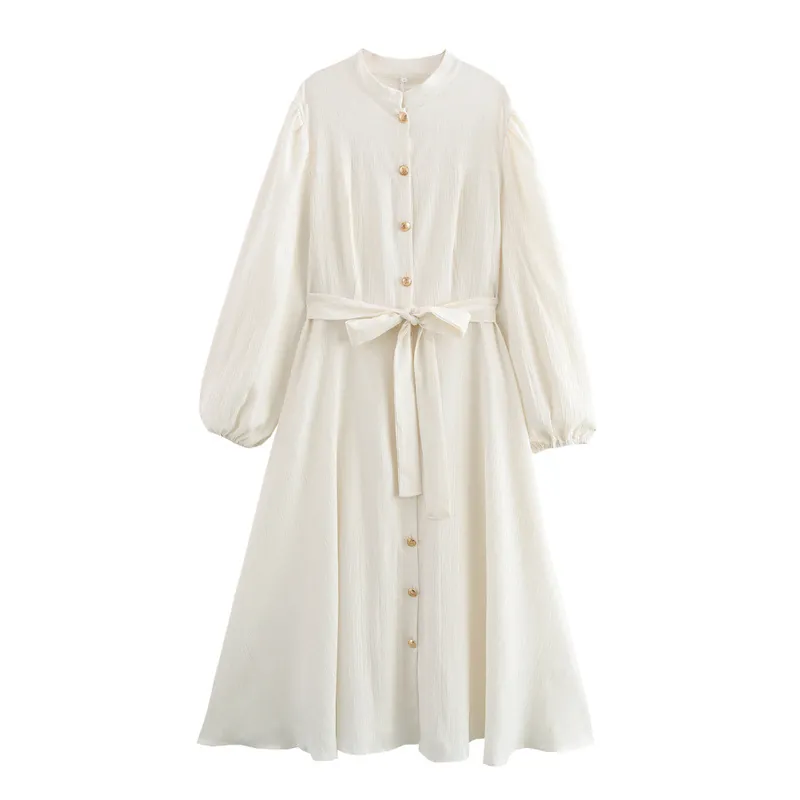 Damen Elegant Off-White Langarm Maxi Kleid Laternenärmel Stehkragen Goldknöpfe Strukturiert Jacquard A-Linie Kleid mit Gürtel