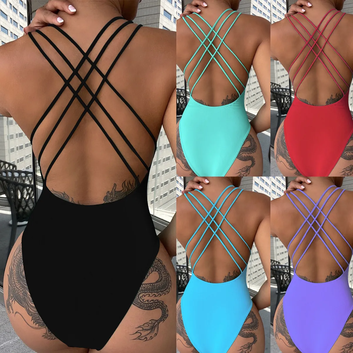 Vrouwen Badpak uit Eén Stuk Sexy Kruislingse Rug Multi-strap Diepe V-hals Gewatteerde Monokini Hoge Uitsnijding Strandkleding