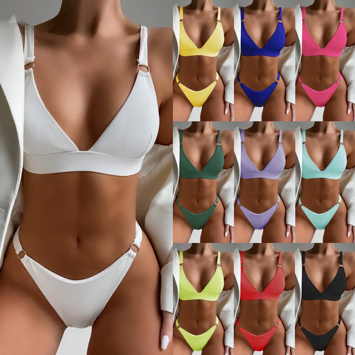 Women Ribbed Bikini Top And Bottom Swimsuit With Metal Rings Solid Color Sexy Triangle Cup High Cut Bathing Suit