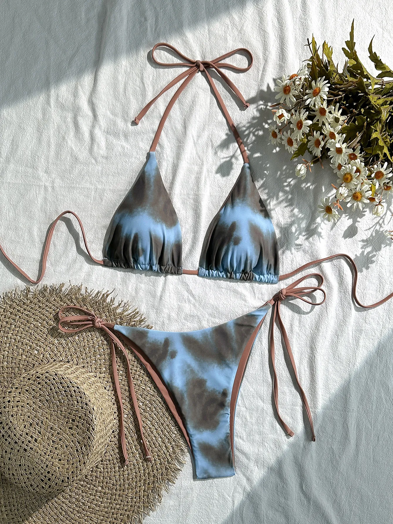 Damen Sexy Tie Dye Print Bikini Set Halter Dreieck Top And Bottom Schnürung Polyester Elasthan Zweiteiliger Badeanzug Strandmode