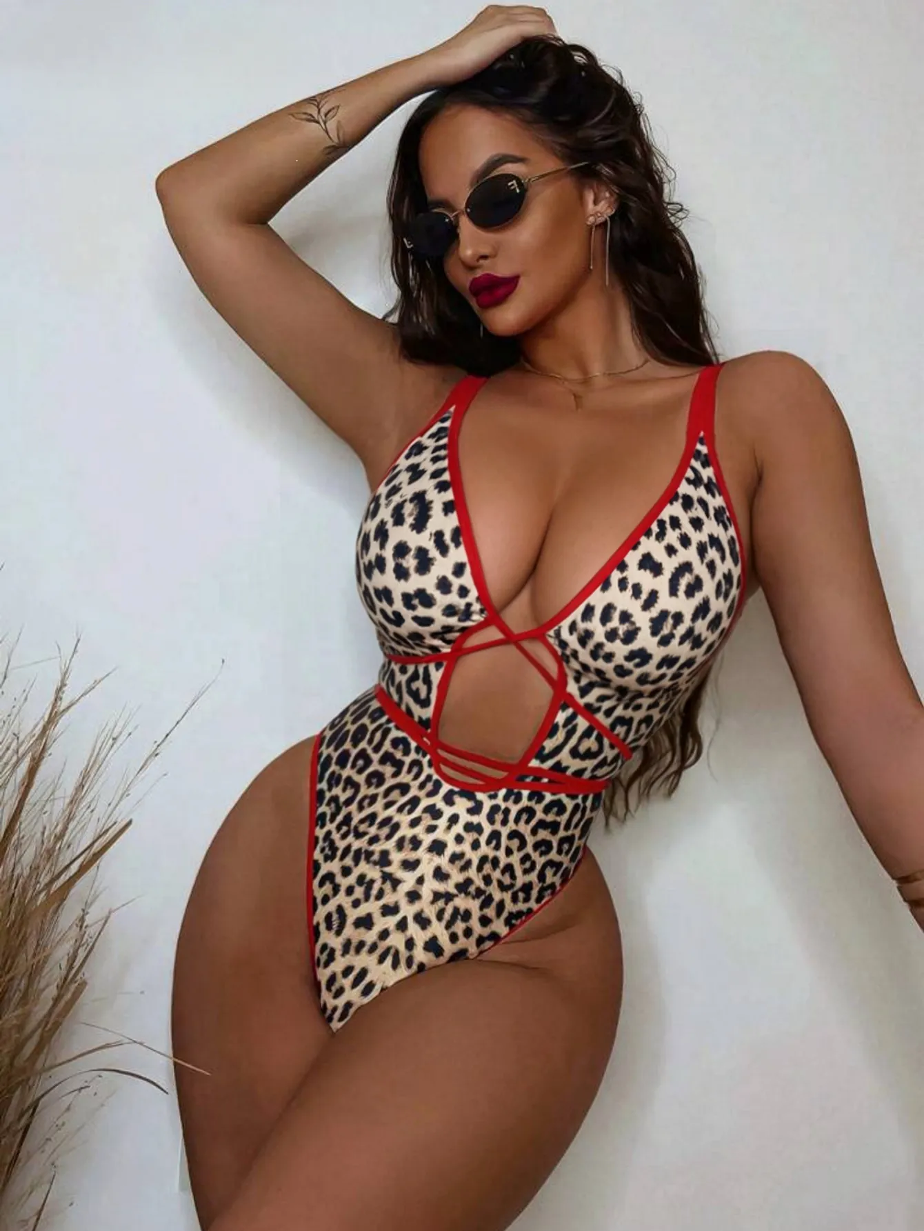 Women Sexy Leopard Print One-Piece Swimsuit Red Contrast Hollow Out Crisscross Bandage Monokini High Cut Bathing Suit