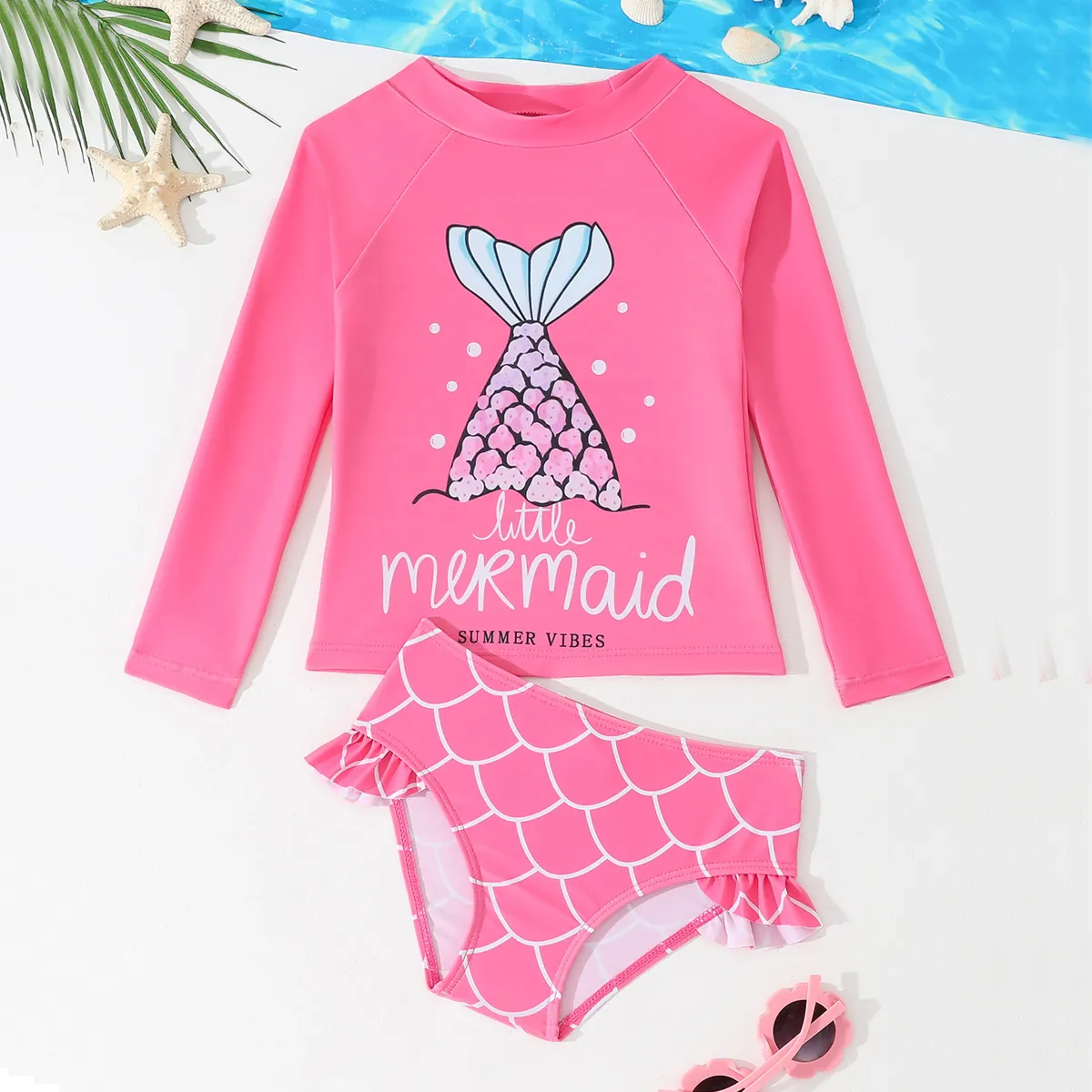 Meisjes Lange Mouw Zeemeermin Top En Broek Badpak Set Kids Rash Guard Ruffle Schubben Bottoms Zeemeermin Zwemkleding Strand
