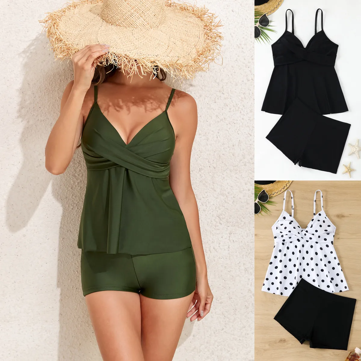 Damen Zweiteiler Tankini Badeanzug Set Hohe Taille Hotpants Vorne Gekreuzt Gerafft Gepolsterter Schwimmanzug Für Strandurlaub
