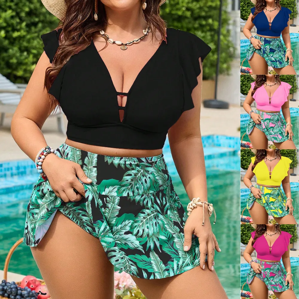 Costume da Bagno Donna Taglie Forti Top Scollo V Con Volant E Gonnellino Bikini Vita Alta Stampa Tropicale
