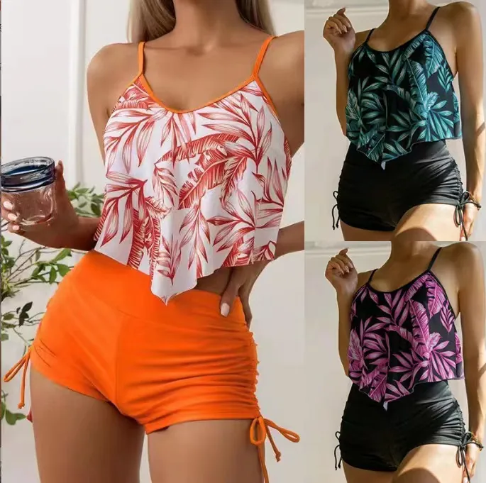 Nylon Polyester Women Tropical Leaf Print Tankini Swimsuit Ruffle Hem Top And High Waisted Drawstring Shorts Bathing Suit