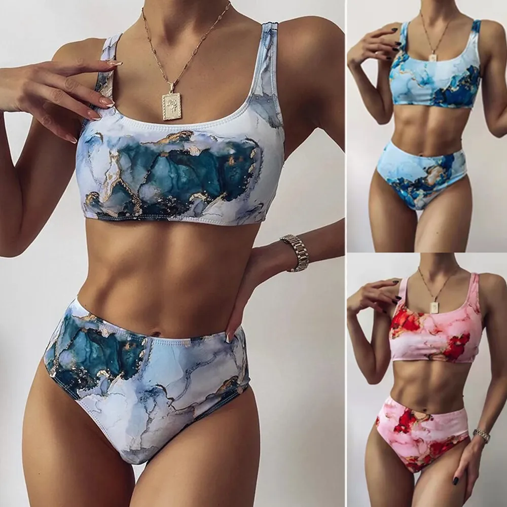 Women's Marble Print Bikini Swimsuit High Waisted Top And Bottoms Artistic Dye Bathing Suit Beachwear For Women