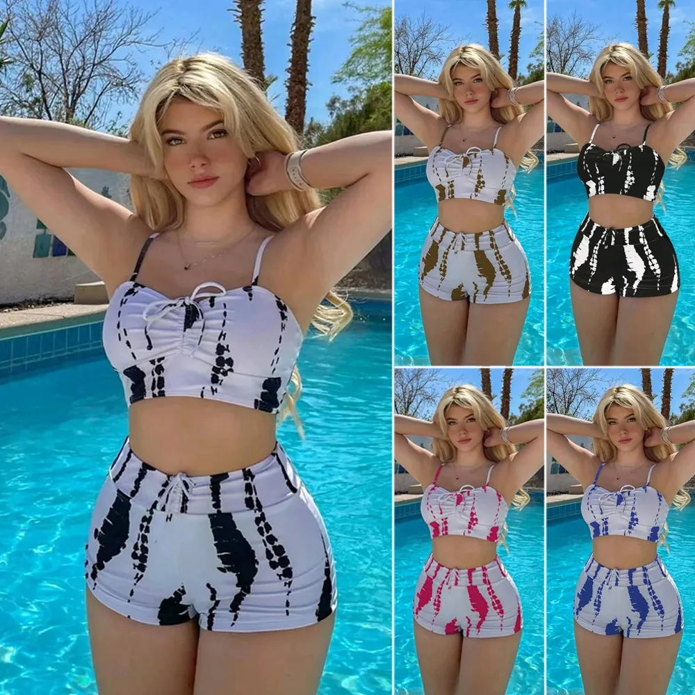 Women High Waist Tie Dye Bikini Top And Shorts Swimsuit Quick Dry Drawstring Halter Beachwear Bathing Suit Fashion Summer Vacation