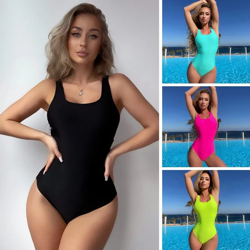 Women Sexy Solid Color One-Piece Swimsuit High Cut Backless Bodysuit U-Neck Tummy Control Monokini Beachwear Bathing Suit
