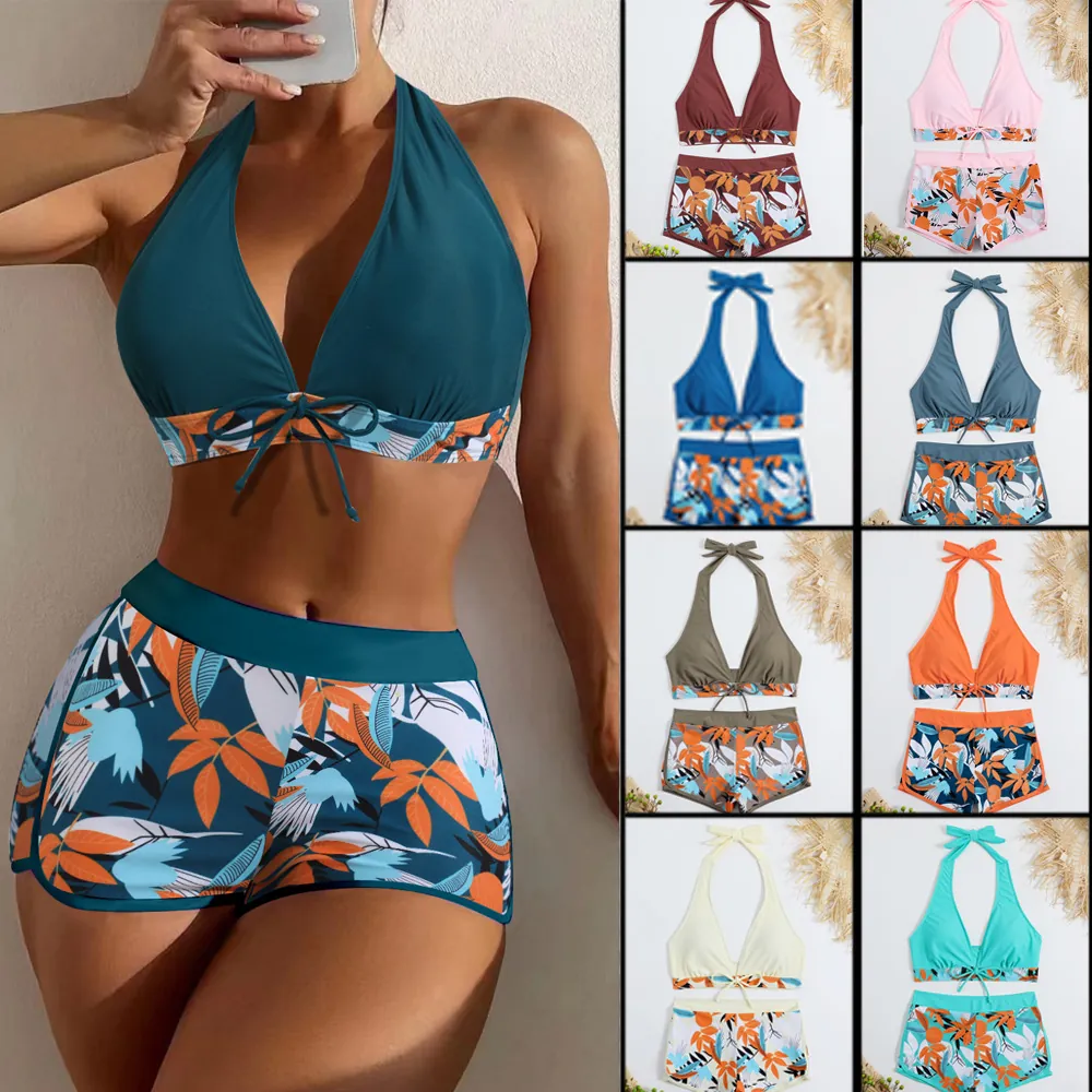 Women Halter Bikini Top And Boyshorts High Waist Tropical Leaf Print Bathing Suit Beachwear Swimsuit For Summer Vacation