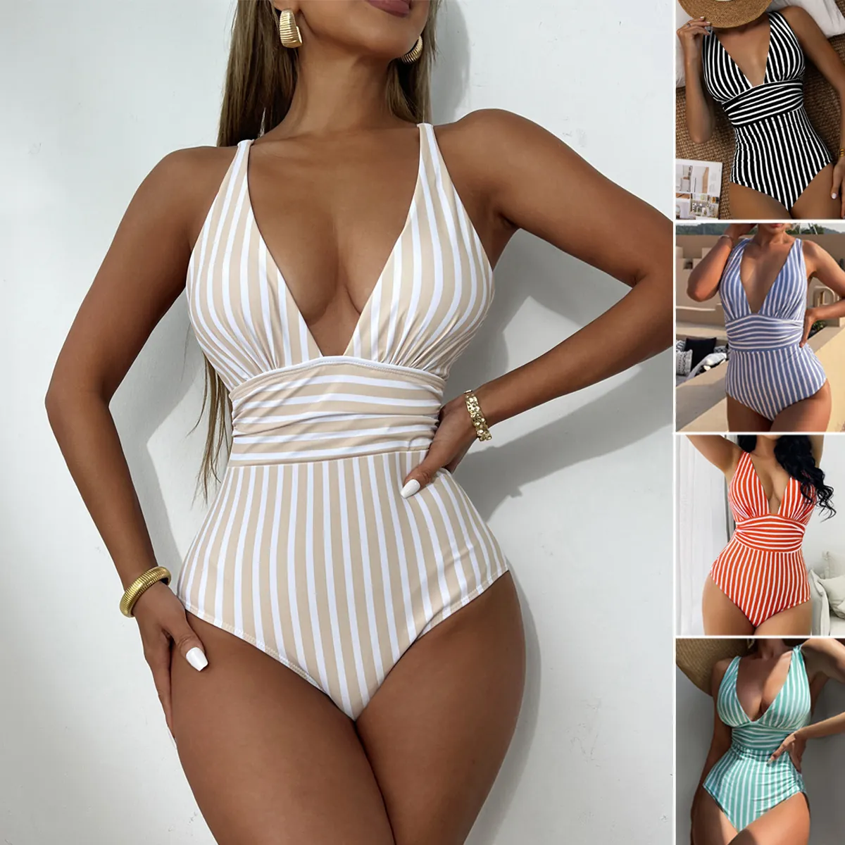 Women Striped One Piece Swimsuit Sexy Deep V Neck Ruched Waist Backless Bathing Suit Slimming High Elastic Beachwear