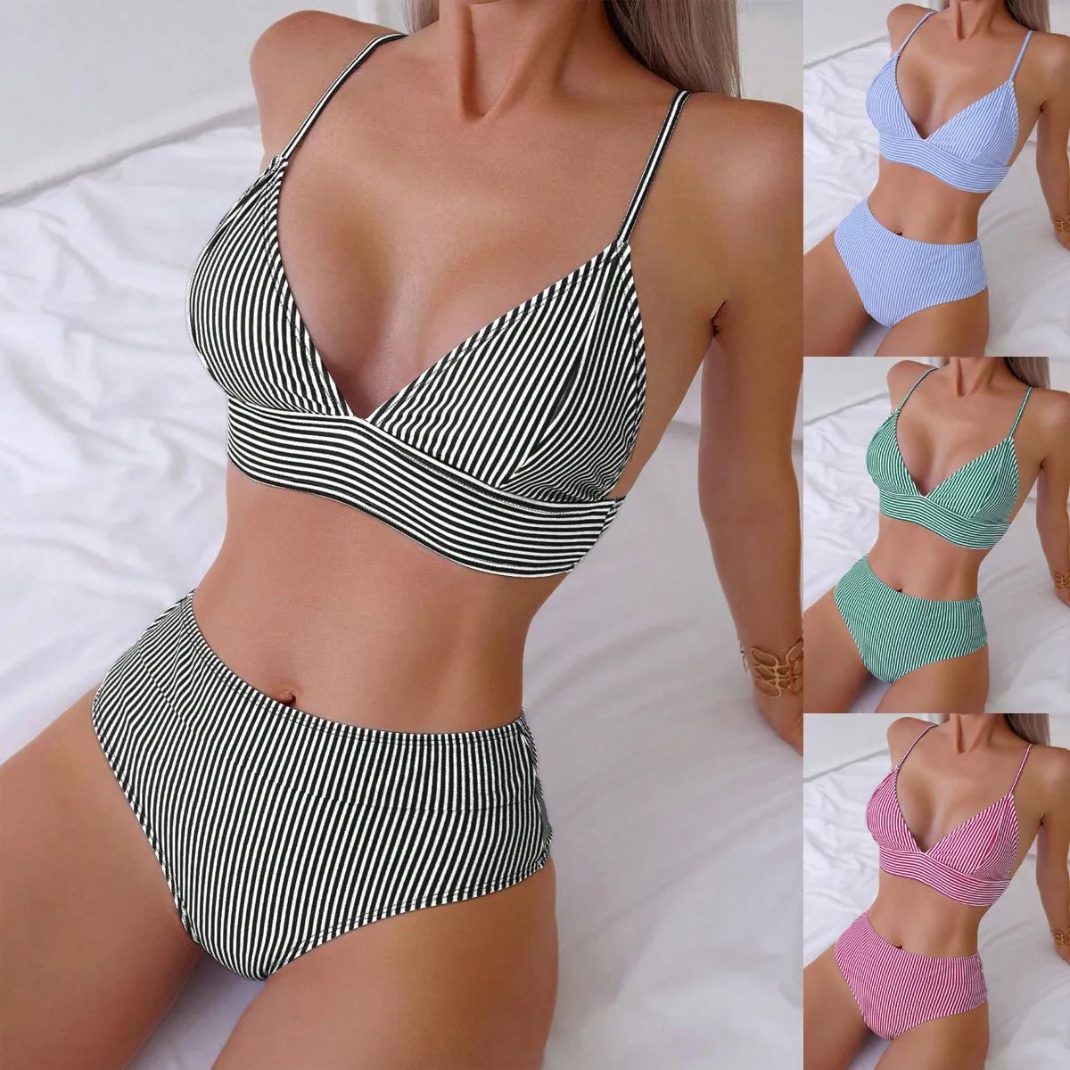 Women Striped High Waist Bikini Top And Bottom Sexy Thin Strap Padded Triangle Swimsuit Beachwear Bathing Suit Summer Vacation