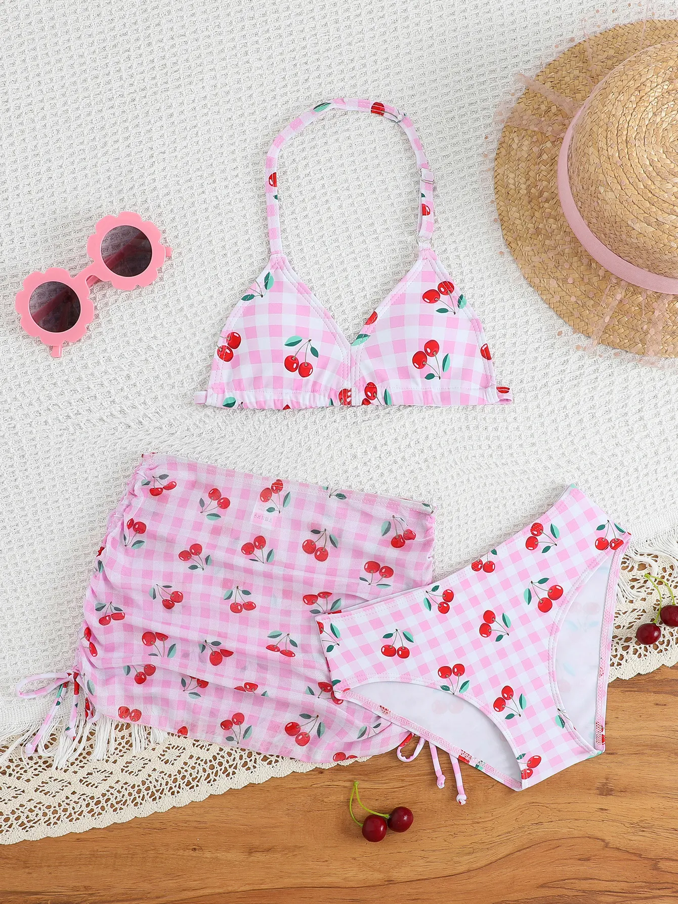 Girls Floral Cherry Print Gingham Backless Bikini Top Triangle Bottom And Drawstring Skirt Beachwear Bathing Suit Swimwear