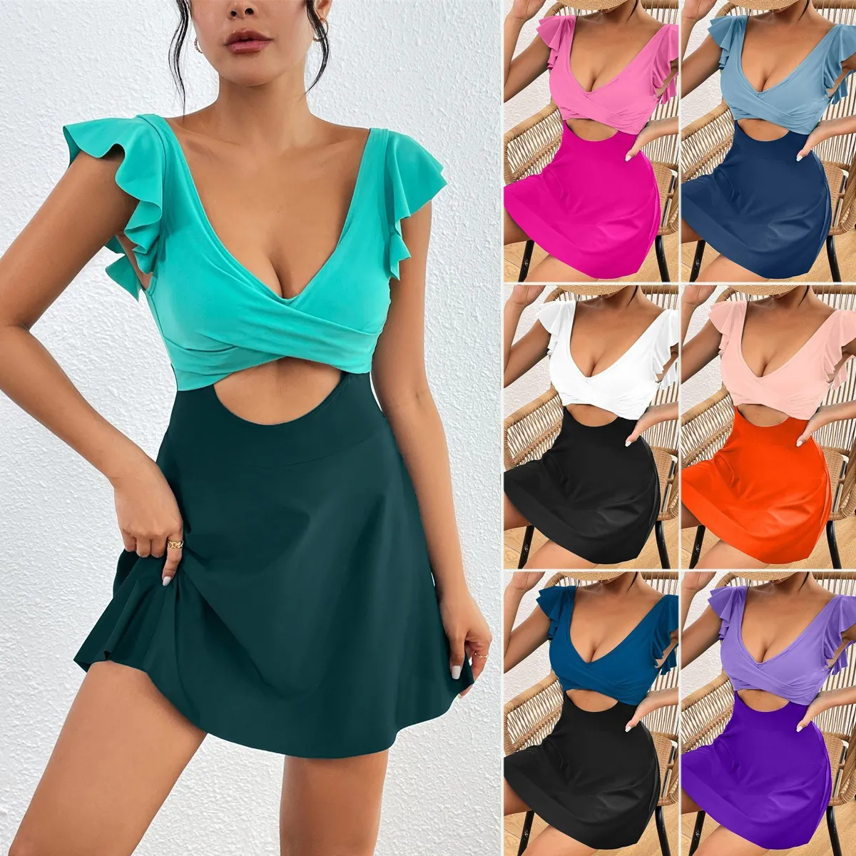 Dames Mode Kleurblok Badpak uit één stuk Ruffle Mouw V-hals Cut-out Zwemjurk Plooirok Badpak Vakantie Zomer