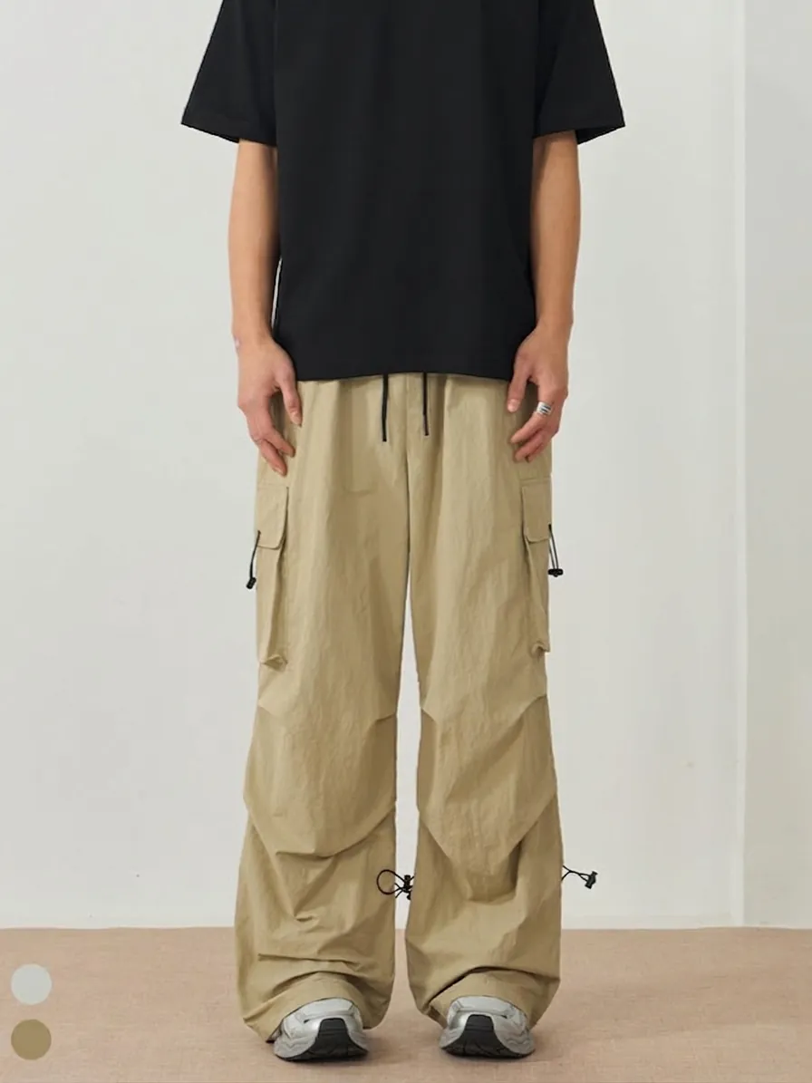 Men High Street Outdoor Cargo Pants Breathable Nylon Multi-pocket Loose Casual Trousers Adjustable Drawstring Hem Solid Color