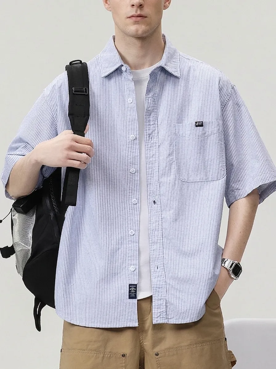 Men Short Sleeve Striped Shirt 100% Cotton Casual Turn-down Collar Loose Fit Japanese Retro Style Button Down Top