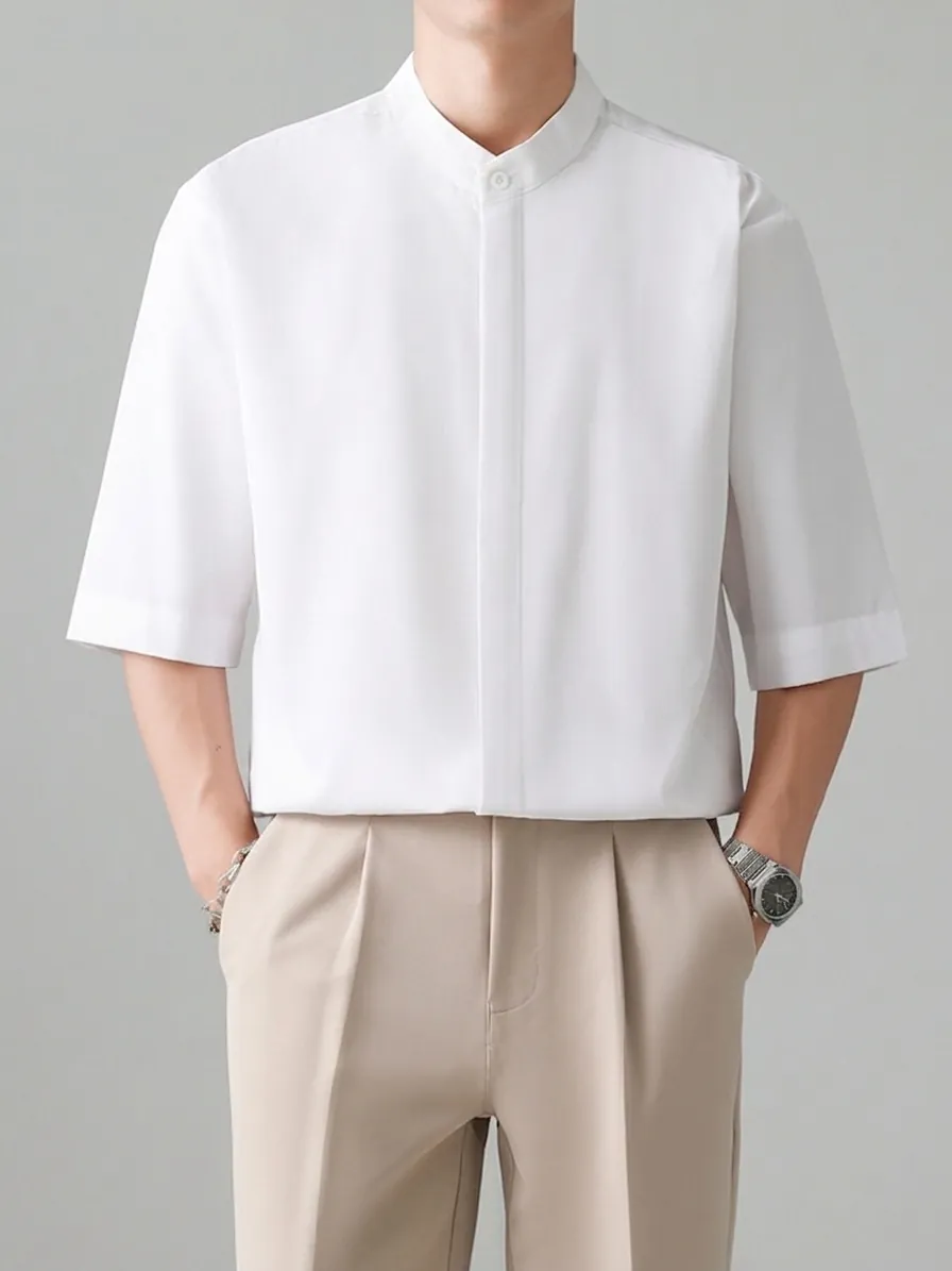 Men's Minimalist Stand Collar Short Sleeve Shirt Linen Blend Loose Fit Solid Color Casual Hidden Placket Button Down Top