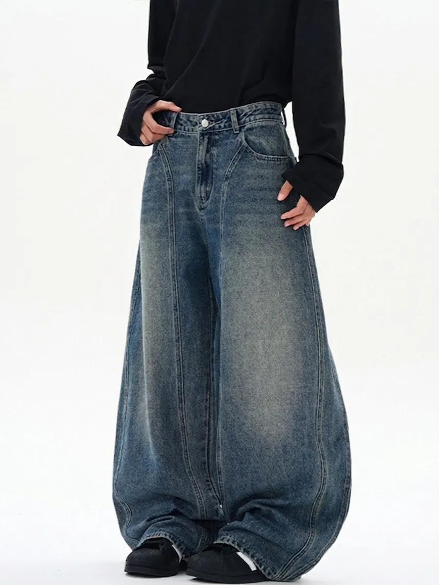 Jeans Homme American High Street Bleu Rétro Usé Patchwork Coupe Large Oversized Jambe Incurvée Pantalon Denim Cargo
