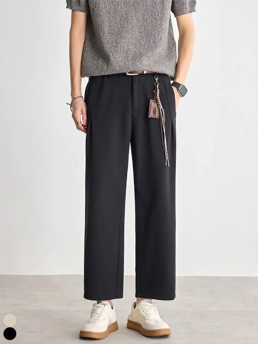 Men's Casual Straight Leg High Stretch Knitted Texture Drape Cropped Pants For Business Commute Office Solid Color Trousers