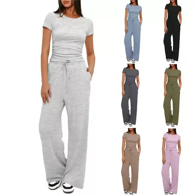 Damen Casual Outfits Kurzarm Gerafftes Top Und Hohe Taille Kordelzug Weite Hose Loungewear Matching Set Damen