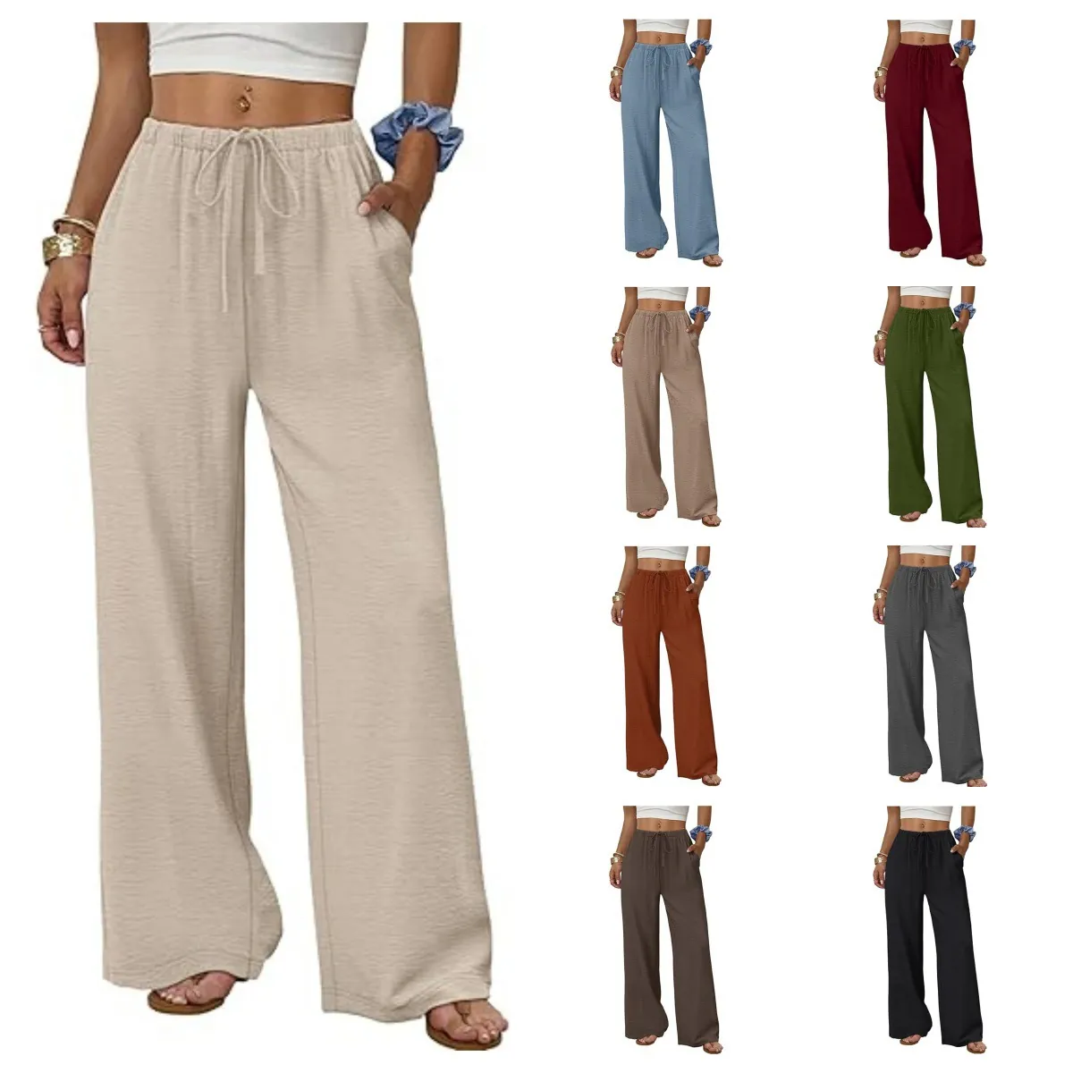 Women Casual Wide Leg Pants With Pockets Elastic Waist Drawstring Loose Straight Full Length Trousers Minimalist Fashion High Waisted Vacation Daily Wear