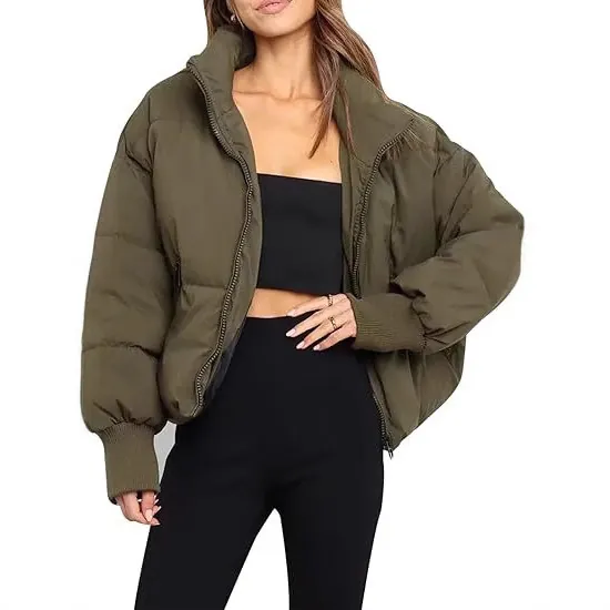 Women's Casual Short Puffer Jacket Stand Collar Zipper Quilted Bread Coat Warm Loose Solid Color Outerwear Polyester Parka