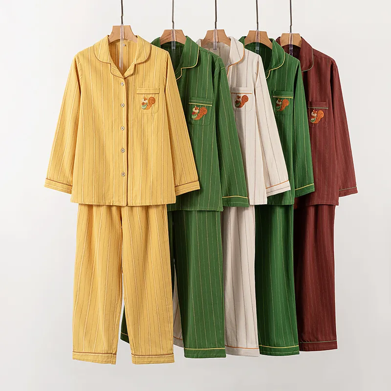 Striped 100% Cotton Flannel Pajamas For Couples Lapel Button Down Sleepwear Top And Pants With Squirrel Embroidery