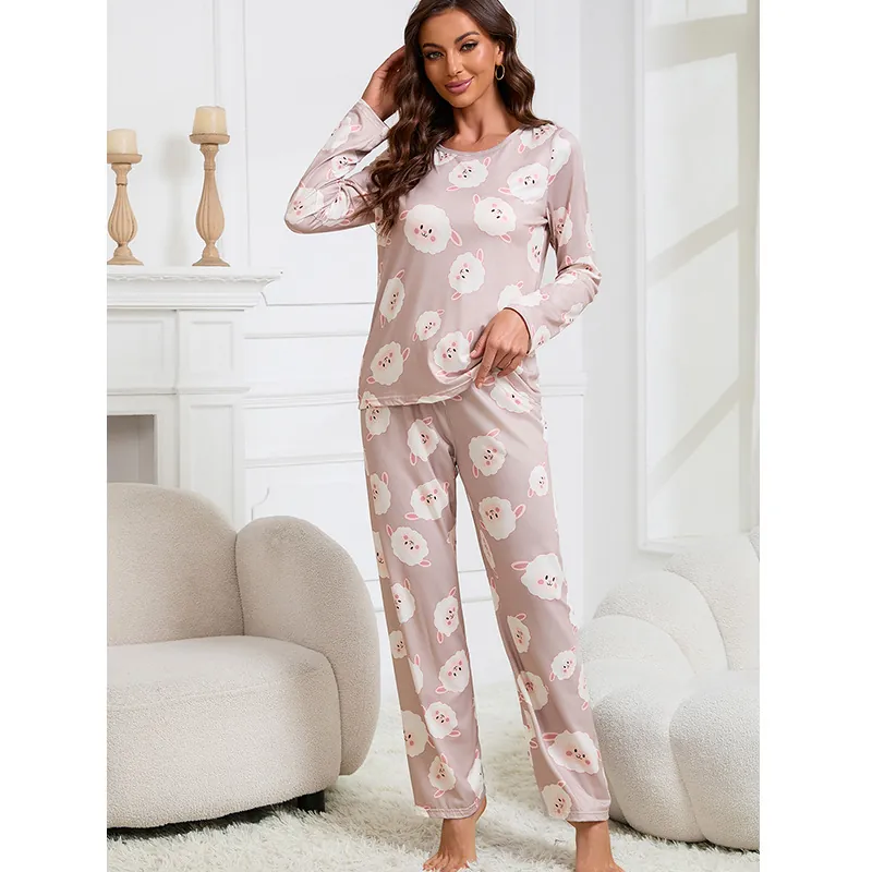 Women Sweet Cartoon Sheep Print Pajama Set Long Sleeve Round Neck Top And Pants Loungewear Spring Autumn Polyester Sleepwear