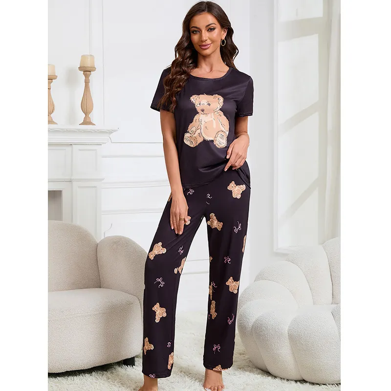 Women's Pajama Set Cute Cartoon Teddy Bear Printed Top And Bottom Loungewear Round Neck Short Sleeve Tee Long Pants Sleepwear