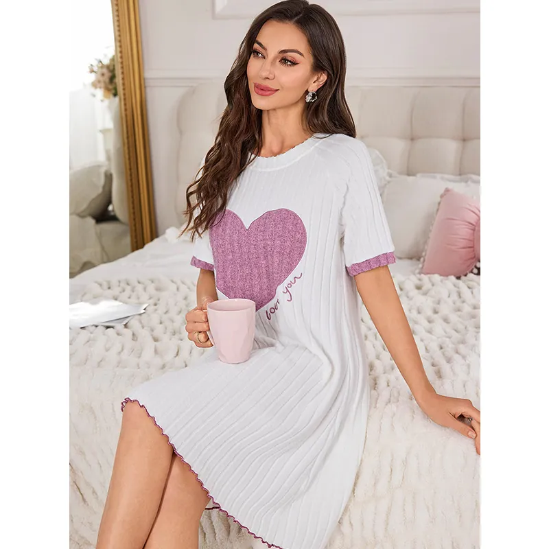Women's Heart Print Short Sleeve Nightdress Rib Knit Lettuce Edge Soft Sleepwear Sweet Homewear Nightgown For Ladies