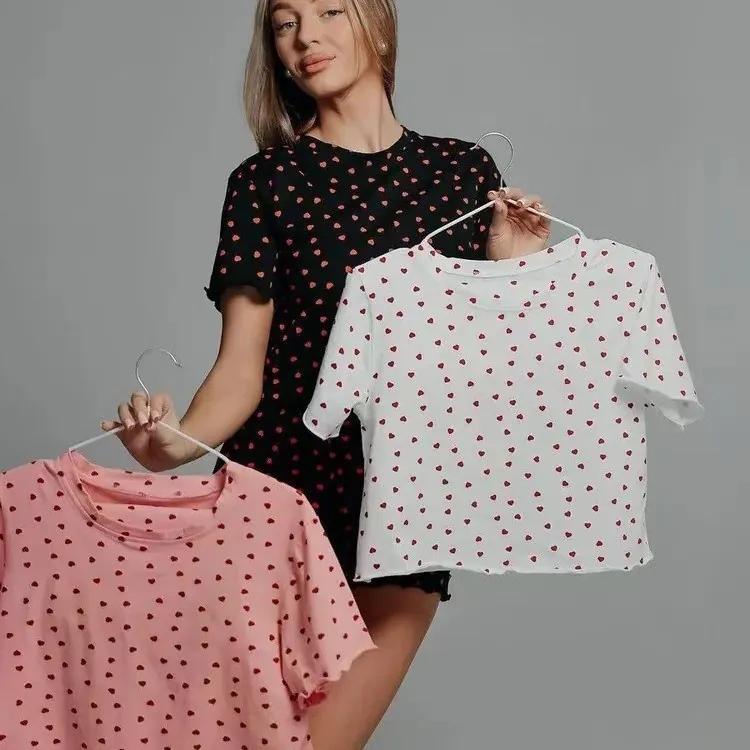 Women Casual Heart Print Loungewear Lettuce Edge Short Sleeve Top And Shorts Pajama Sleepwear Home Clothing