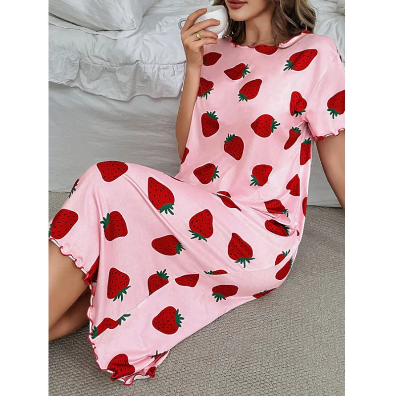 Camicia da Notte Donna Casual Rosa Stampa Fragole Manica Corta Girocollo Orlo a Volant Larga Estate Abbigliamento Casa Notte