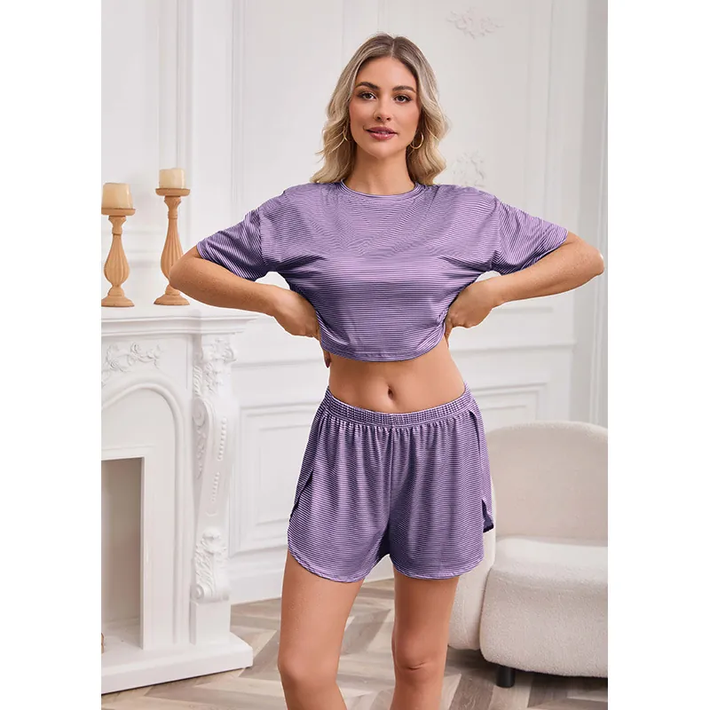 Women's Casual Knitted Striped Loungewear Round Neck Short Sleeve Top And Elastic Waist Shorts Summer Home Wear