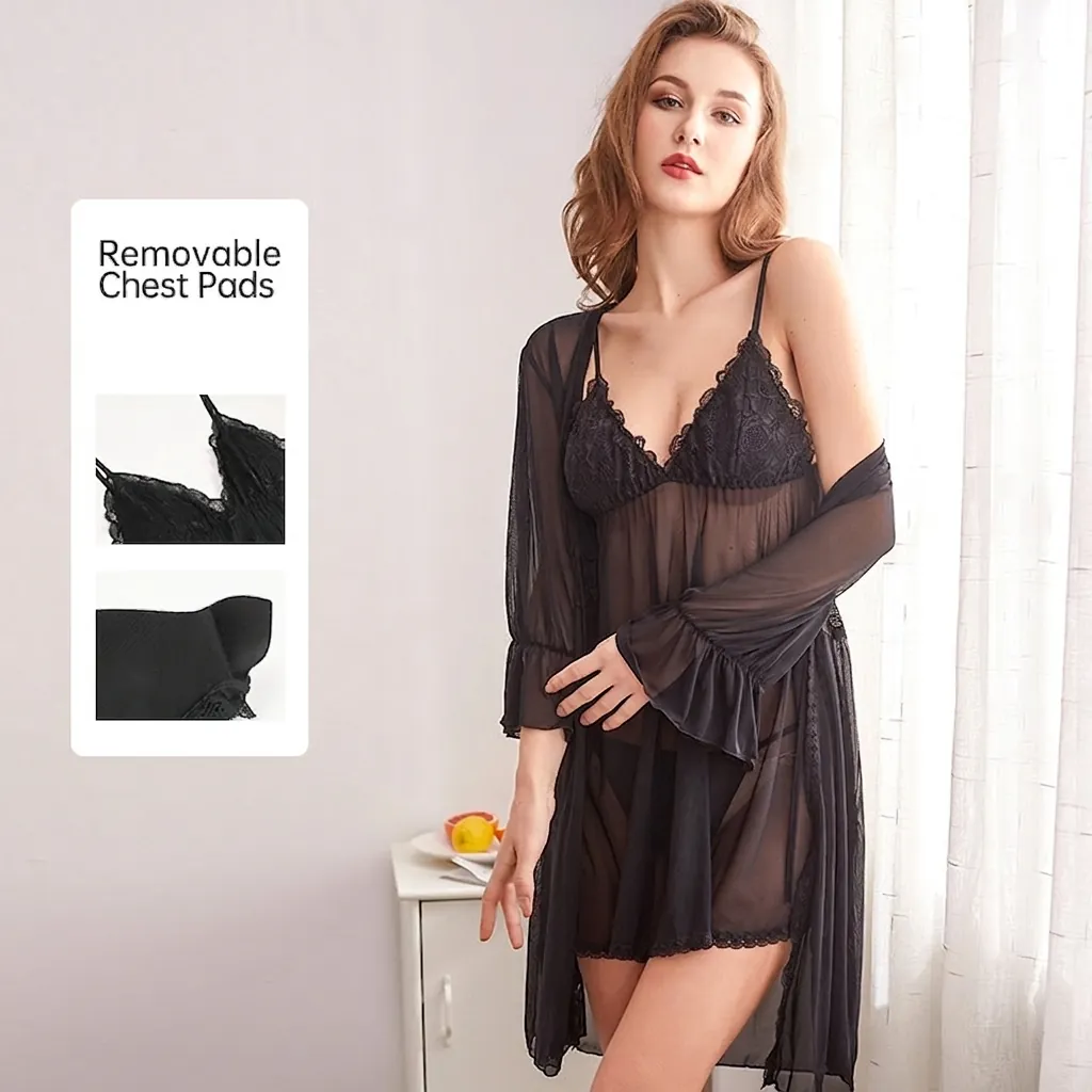 Set Pigiama da Donna Sexy in Pizzo Mesh Sopra e Sotto Con Vestaglia Camicia da Notte e Slip Imbottiture Pettorali Rimovibili