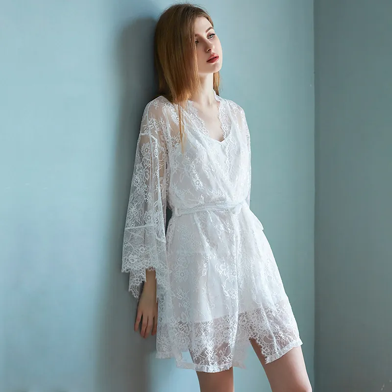 Robe de Chambre et Nuisette Sexy en Satin et Dentelle Femme Col en V Floral Pyjama Élégant Déshabillé de Mariée Vêtement Maison