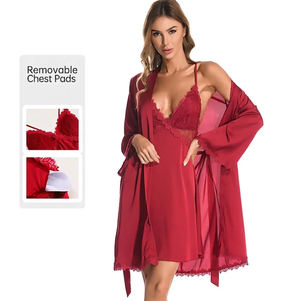 Peignoir en Satin Élégant pour Femmes Et Nuisette à Dentelle Top And Bottom Polyester Soyeux Vêtements de Nuit