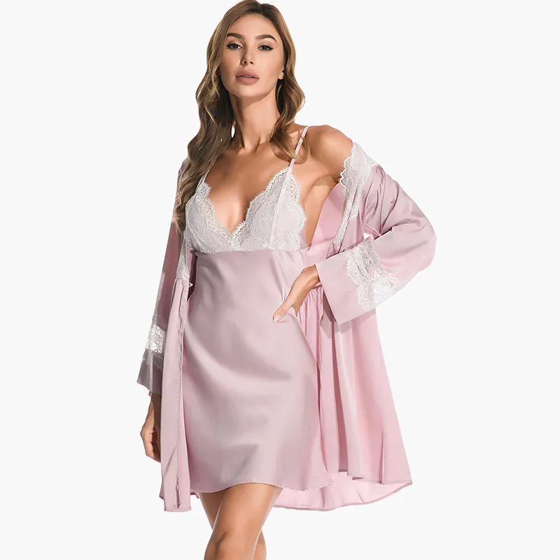 Pyjama en Satin de Luxe pour Femmes Haut Et Bas Nuisette en Dentelle Col en V Sexy Et Robe de Chambre Longue