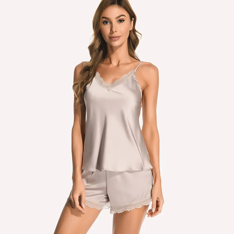 Ensemble de Pyjama Sexy en Satin de Viscose pour Femmes Sans Manches Bordure en Dentelle Col en V Top et Bas Vêtements de Nuit Été
