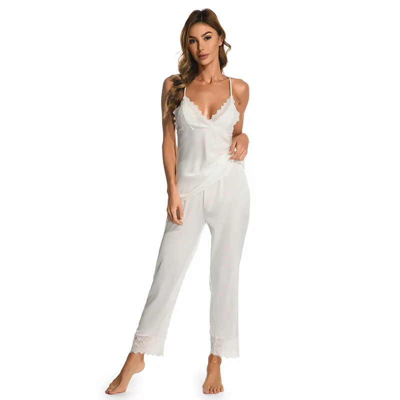 Women Sexy Satin Lace Patchwork Pajama Set V-neck Cami Top And Long Pants Viscose Sleepwear Elegant Home Wear For Women