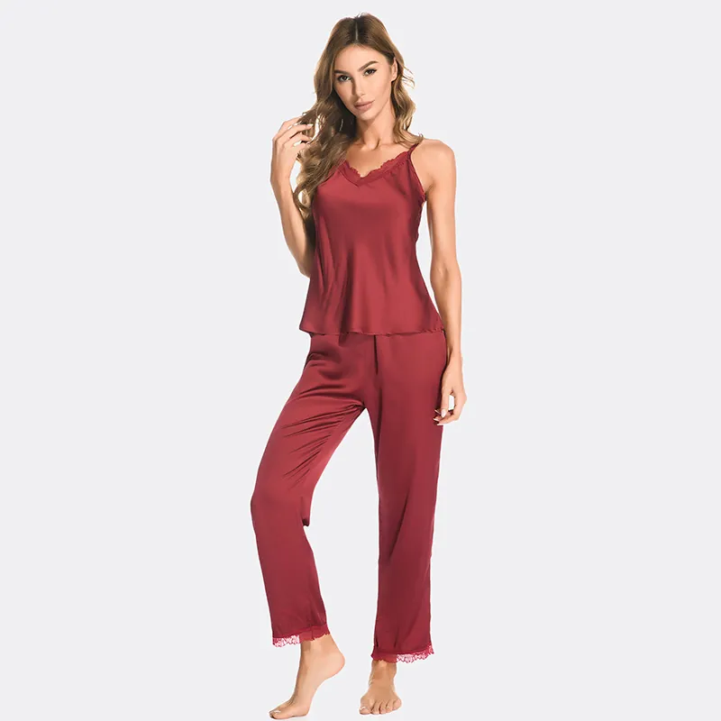 Satin Lace V-Neck Cami Top And Long Pants Women Sleepwear Top And Bottom Elegant Silky Loungewear Home Wear Set For Ladies