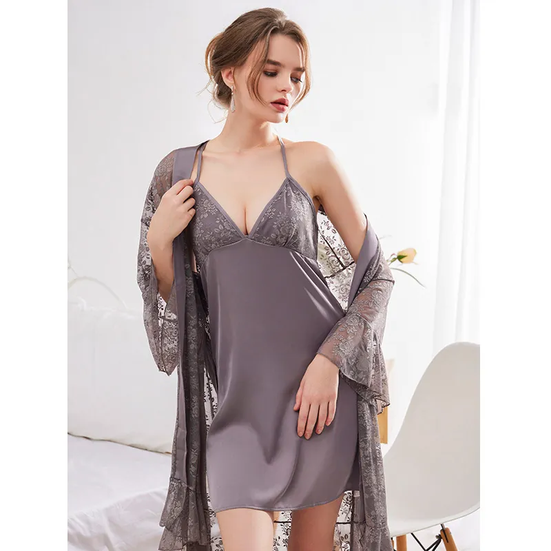 Nuisette Sexy en Satin Et Peignoir en Dentelle pour Femmes Top Et Bottom Élégant Ensemble de Pyjama en Dentelle