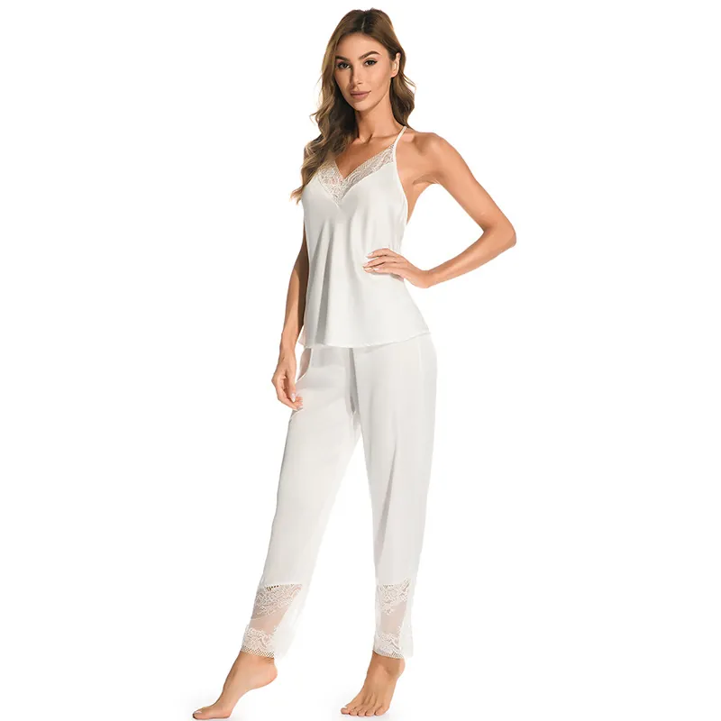 Pyjama en Satin pour Femmes Top Et Pantalon Bordure en Dentelle Col en V Camisole Vêtements de Nuit Homewear Doux Confortable