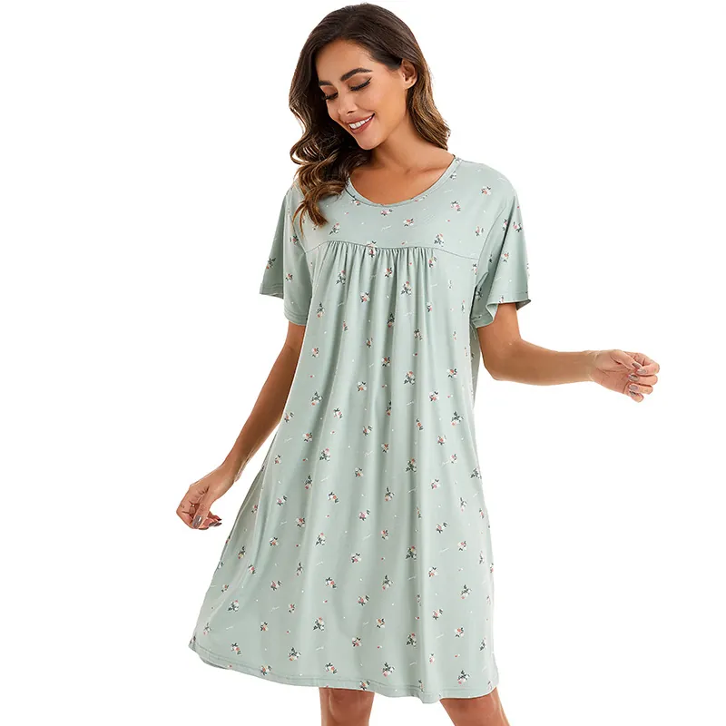 Women Casual Cotton Blend Floral Nightdress Short Sleeve Round Neck Loungewear Comfortable Loose Pajama Dress Home Wear