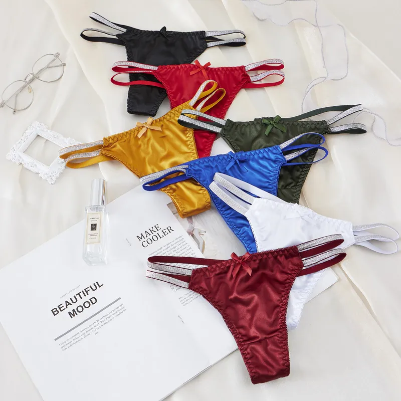 Women's Sexy Lace Satin Thong G-String With Bow Glitter Straps Hollow Out Low Waist Panties Sexy Lingerie Underwear