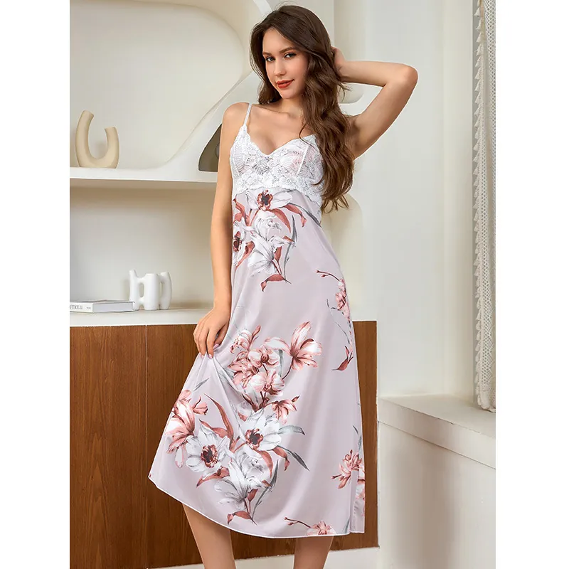 Women's Sexy Lace Trim Floral Print Satin Nightdress V-Neck Adjustable Strap Slip Sleepwear Long Home Wear Nightgown
