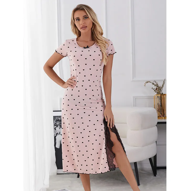 Nuisette Femme Imprimé Cœur Texture Nervurée Col Rond Manches Courtes Avec Fente Dentelle Et Nœud Pyjama Robe